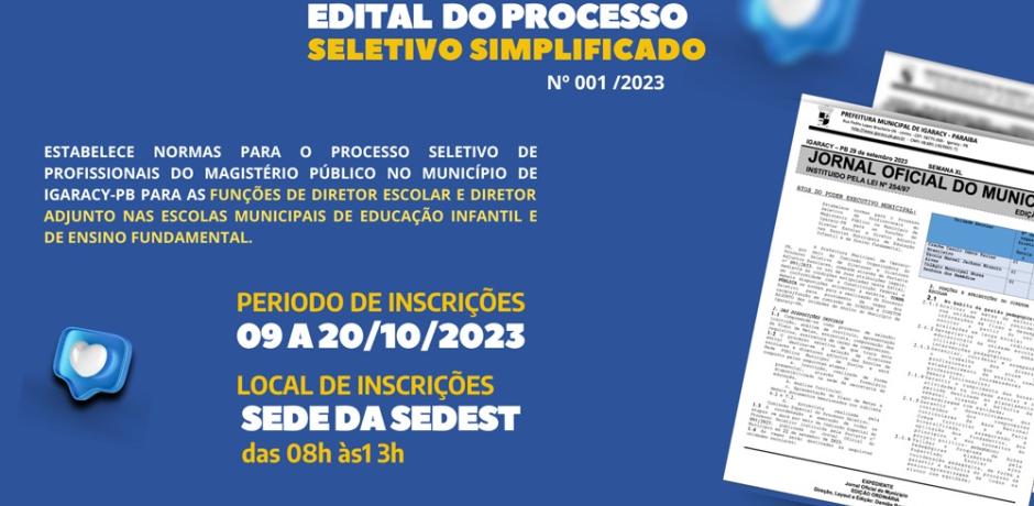 EDITAL DO PROCESSO SELETIVO SIMPLIFICADO N° 001/2023 - PROCESSO SELETIVO DE PROFISSIONAIS DO MAGISTÉRIO PÚBLICO NO MUNICÍPIO DE IGARACY-PB PARA AS FUNCÕES DE DIRETOR ESCOLAR