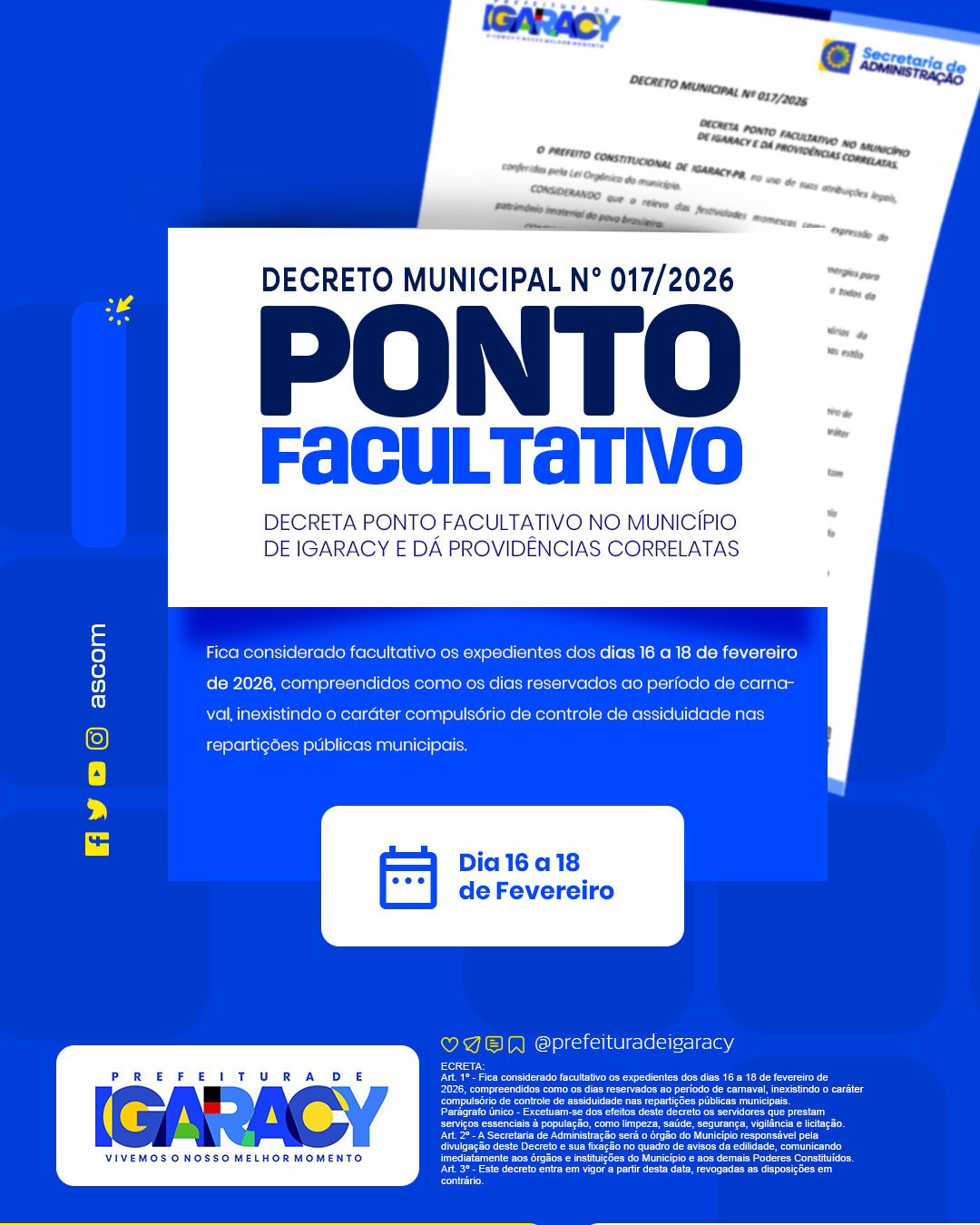 Prefeitura de Igaracy decreta Ponto Facultativo nos dias 16, 17 e 18 de fevereiro