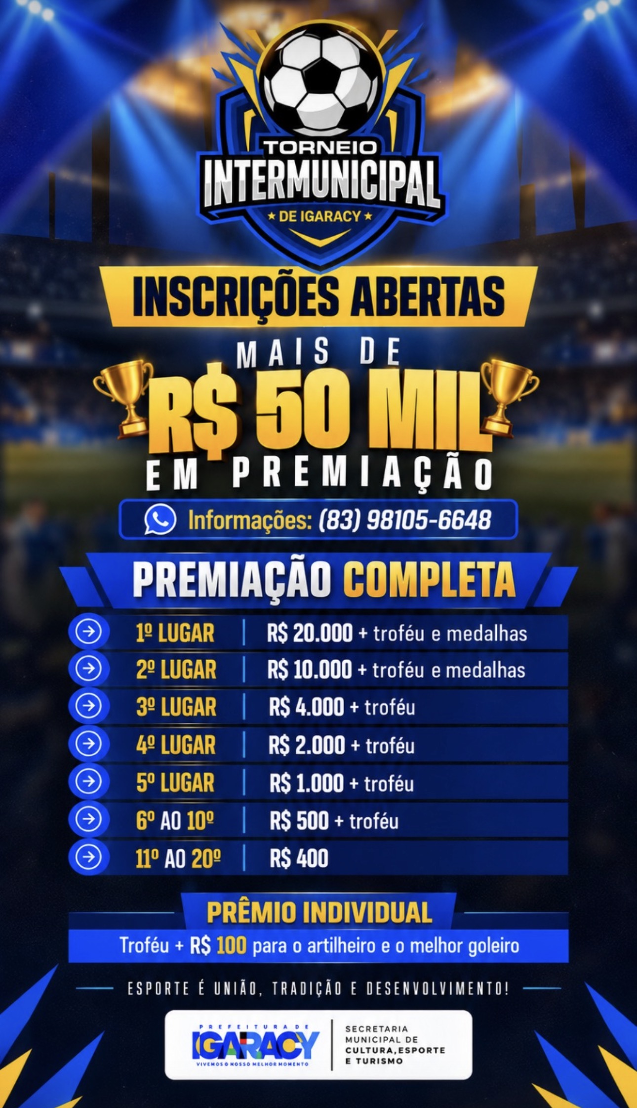 Igaracy abre inscrições para Torneio Intermunicipal com premiação de R$ 50 mil